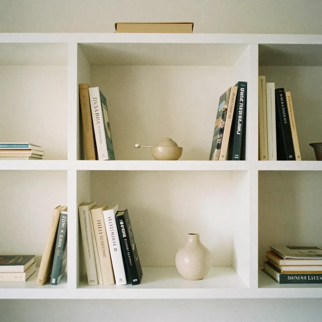 Modernes Bücherregal mit minimalistischen Buchstützen arrangiert