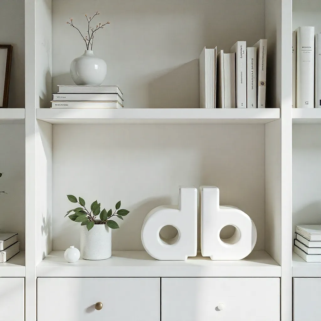 Verschiedene Buchstützen arrangiert auf einem Regalbrett