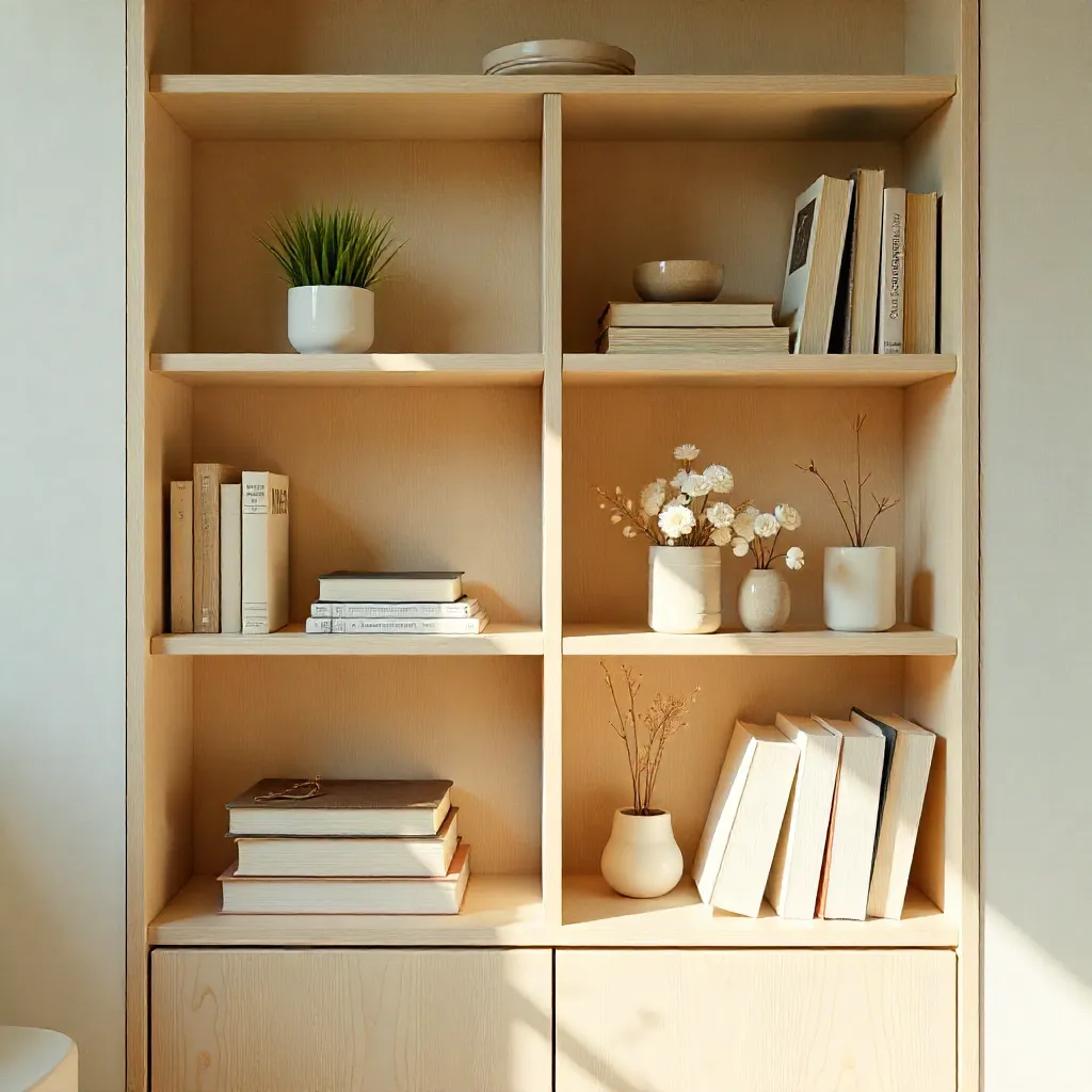 Stilvoll gestaltetes Bücherregal mit verschiedenen Buchstützen und dekorativen Objekten