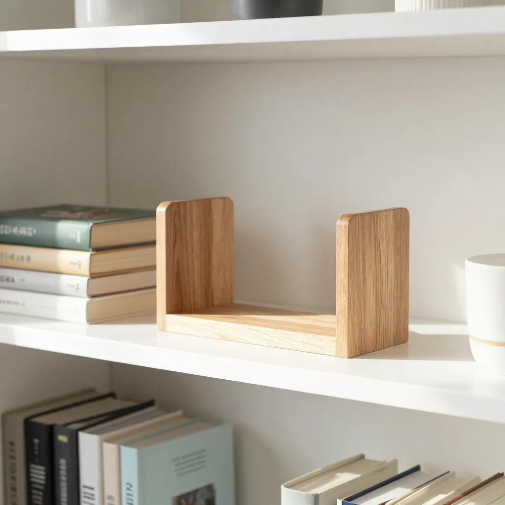 Minimalistisches Bücherregal mit dekorativen Buchstützen arrangiert