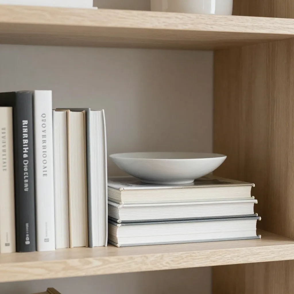 Elegantes Bücherregal mit hochwertigen Buchstützen und Keramikobjekten