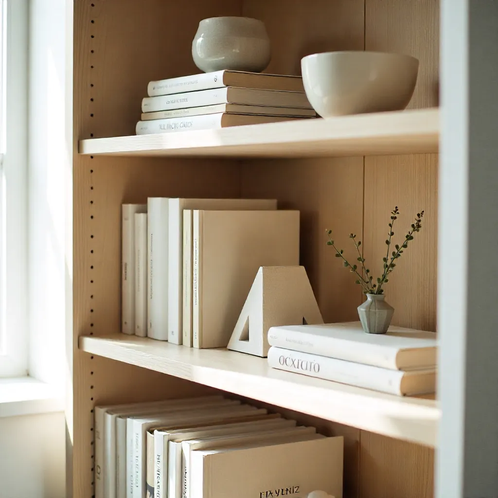 Kreatives Bücherregal mit verschiedenen Buchstützen und persönlichen Gegenständen