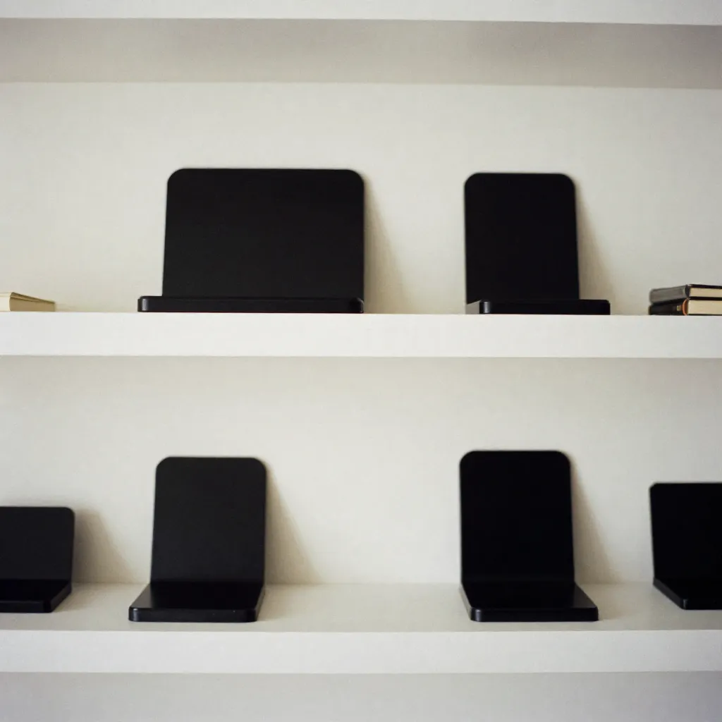 Modernes Bücherregal mit geometrischen Buchstützen und minimalistischen Accessoires