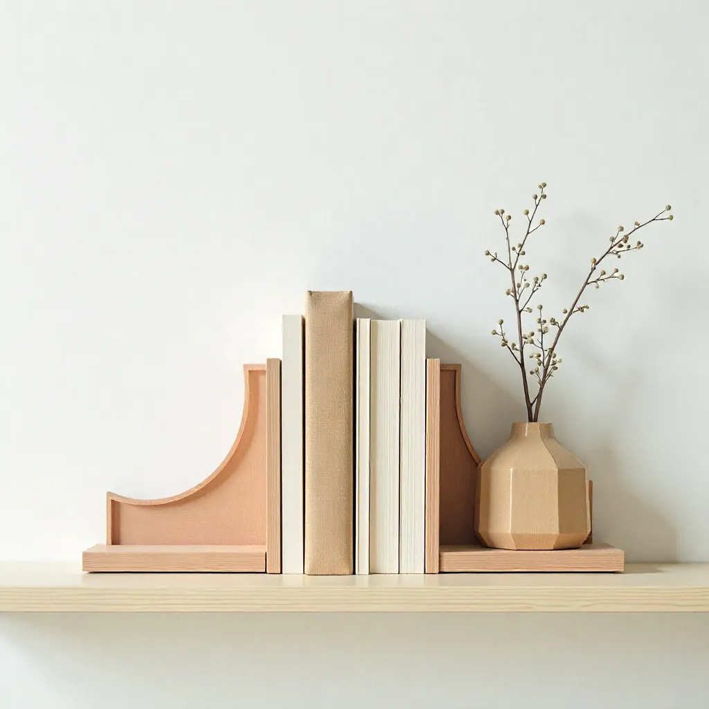 Stilvolles Bücherregal mit organischen Buchstützen und natürlichen Materialien