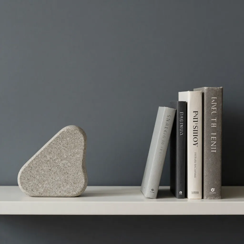 Bücherregal mit organischen Buchstützen und natürlichen Accessoires